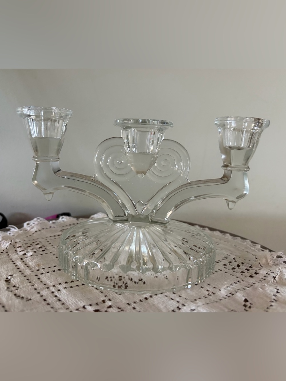Vintage Jeanette Glass Cosmos Triple Taper Candlestick Holder